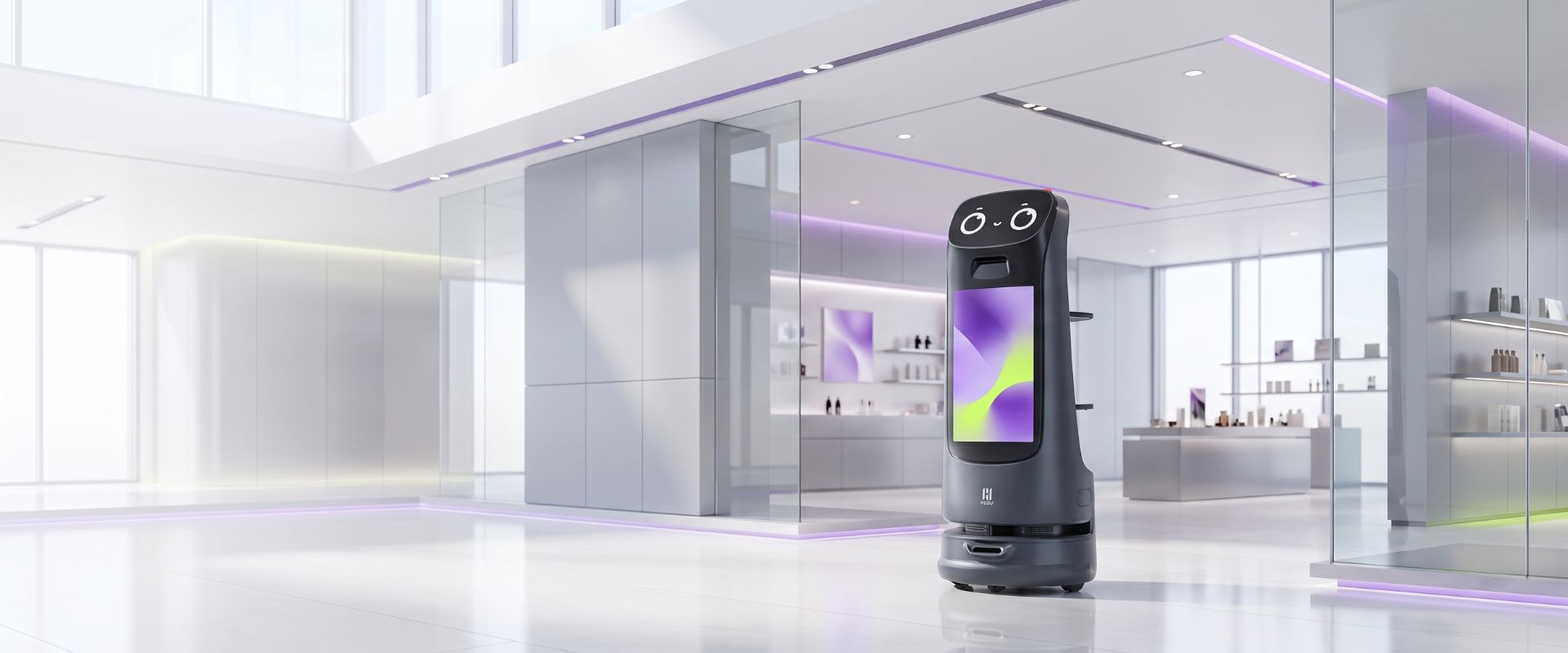 Marketingroboter im Showroom – Symbolmotiv für Kundeninformation in Ausstellungen