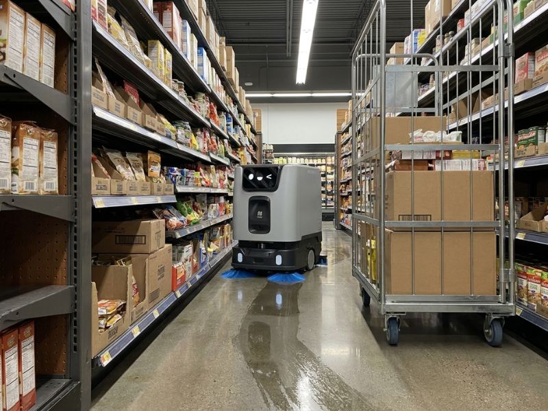PUDU ET1 bei der Bodenreinigung in einem schmalen Supermarktgang