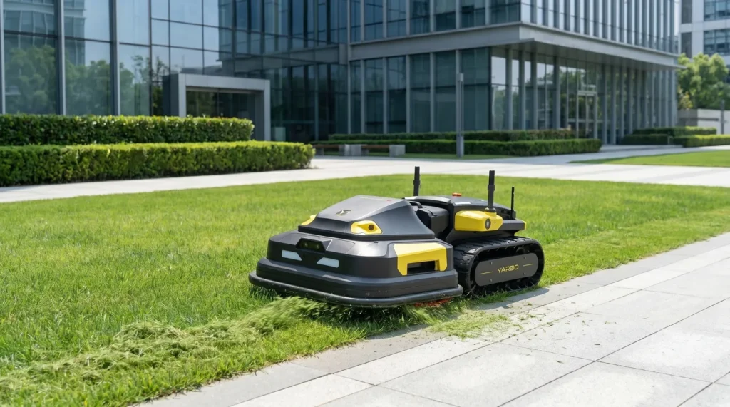Yarbo Core Outdoor-Roboter auf einer gewerblichen Außenfläche mit Wegen und Grünanlagen