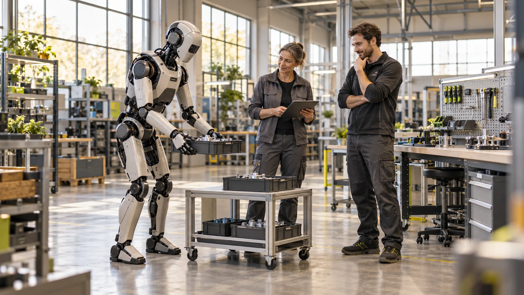 KI-generiertes Zukunftsbild: Menschen und ein fiktiver humanoider Roboter in einer Werkstatt 2040