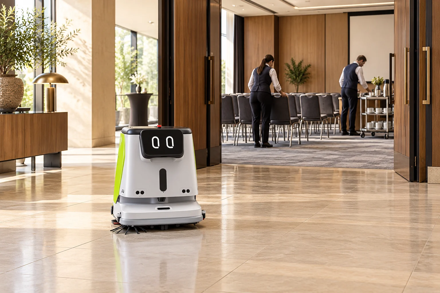 KI-generierte Illustration: Bodenreinigungsroboter im Foyer eines Konferenzhotels während der Vorbereitung einer Veranstaltung